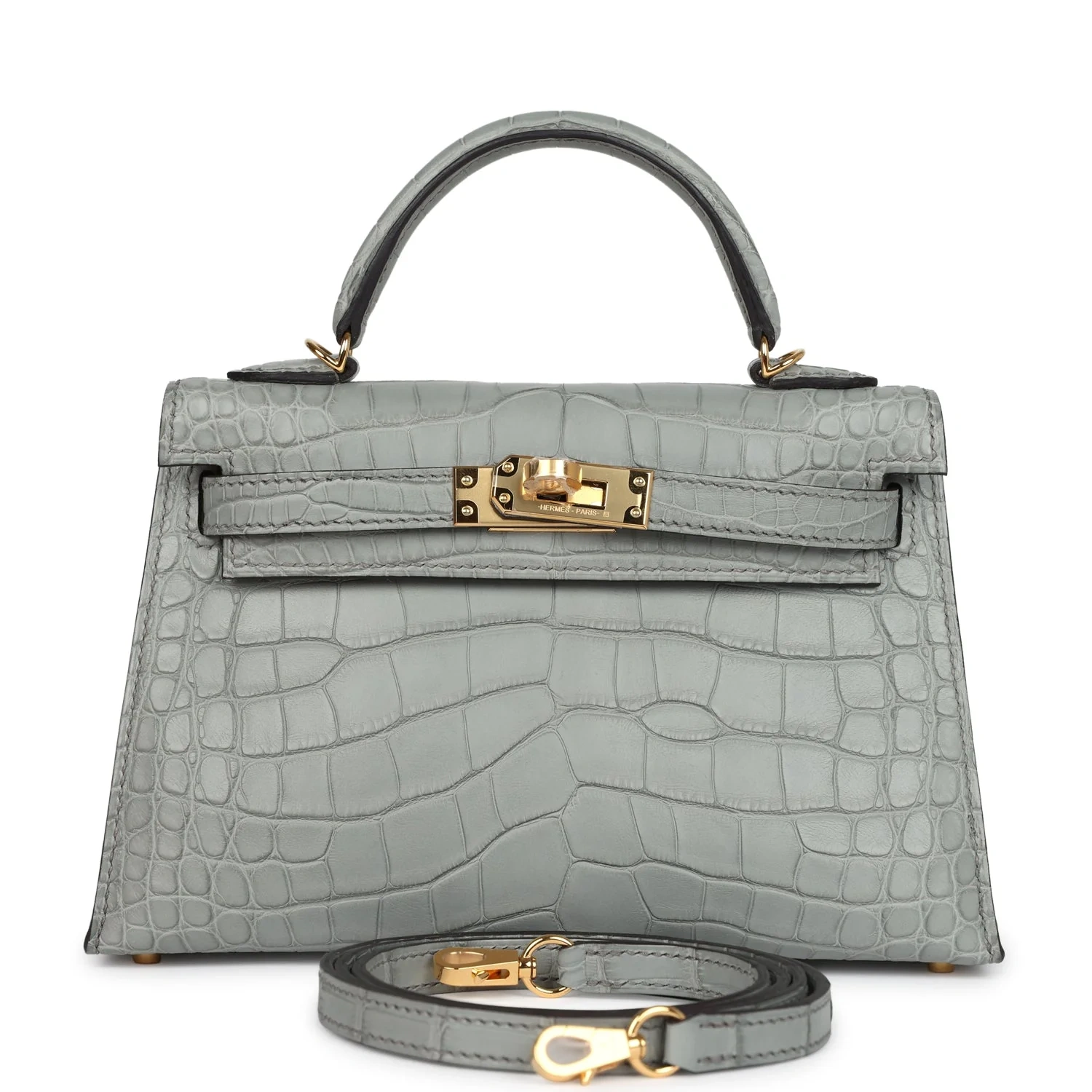 Kelly 20 Mini Gris Ciment Matte Alligator Gold Hardware