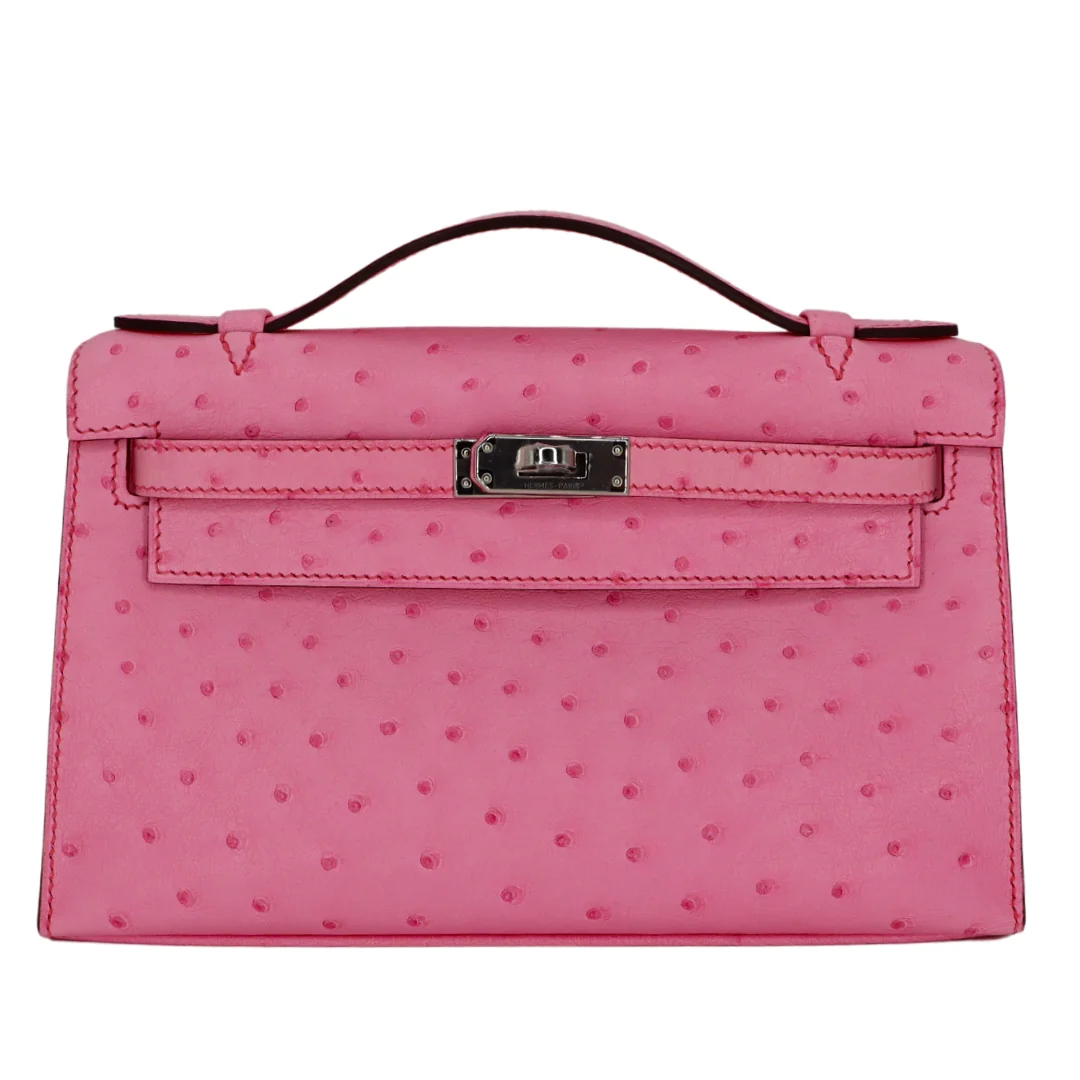 Kelly Pochette Rose Bubblegum Ostrich Palladium Hardware