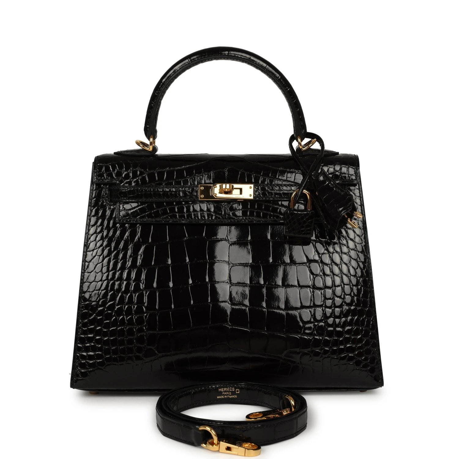 Kelly 25 Black Shiny Alligator Gold Hardware