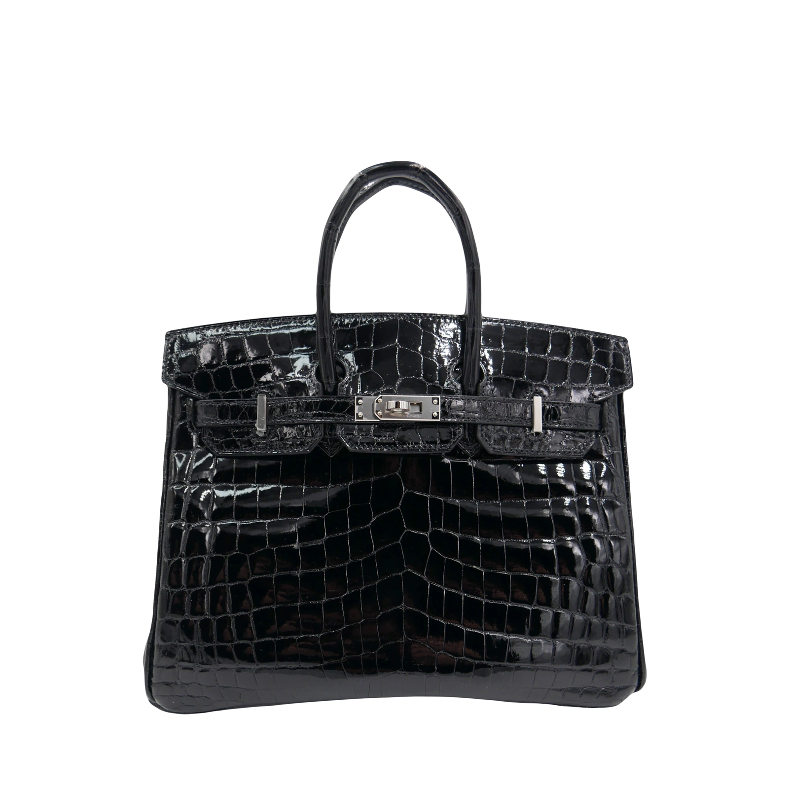 Birkin 25 Black Shiny Niloticus Crocodile Palladium Hardware