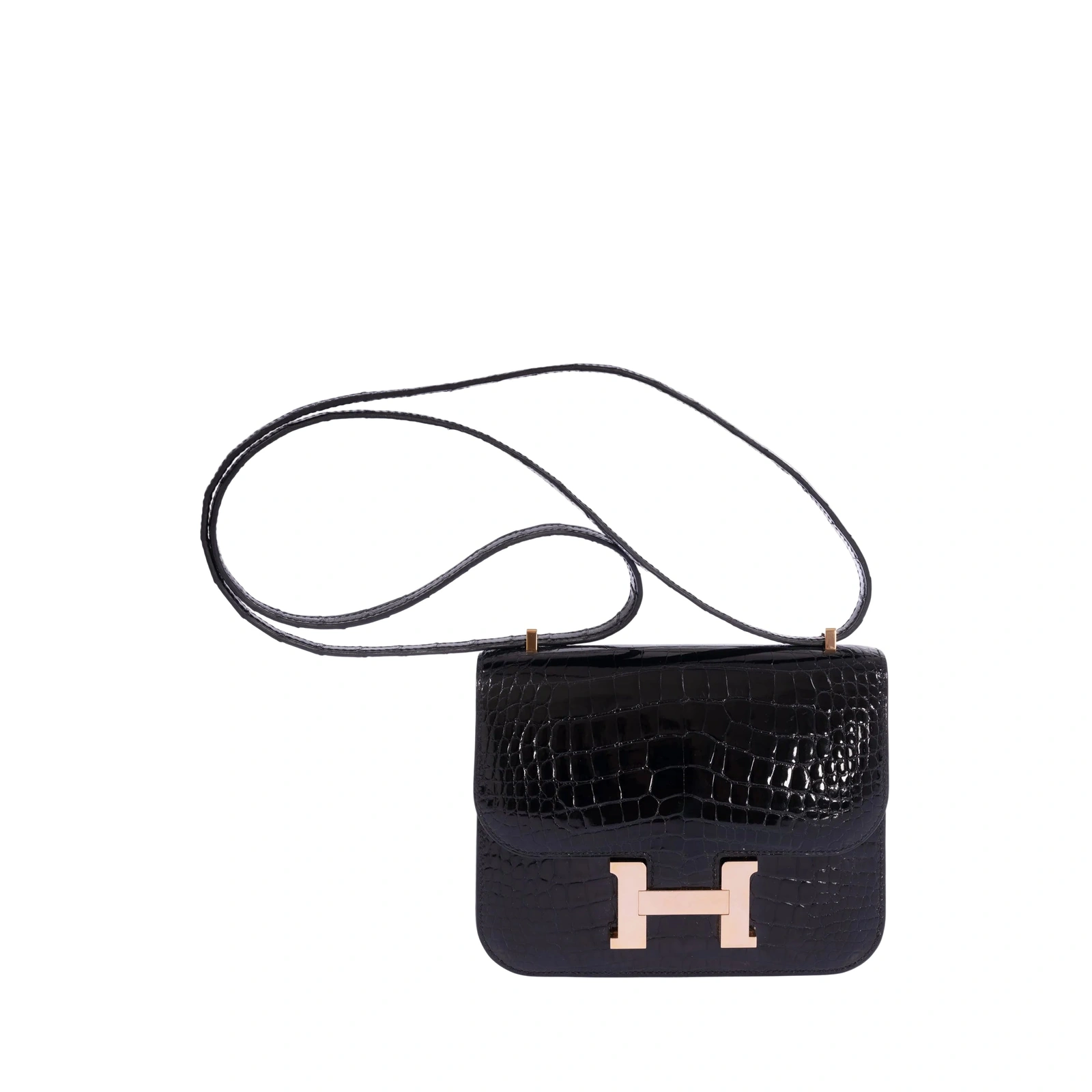 Constance 18 Mini Black Shiny Alligator Rose Gold Hardware