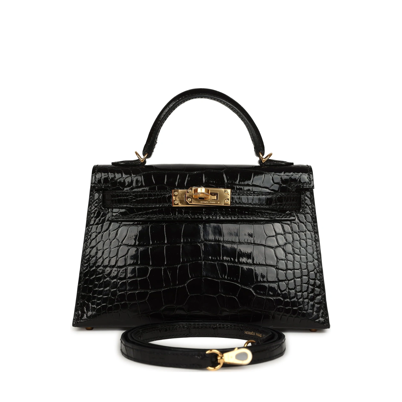 Kelly 20 Mini Black Shiny Alligator Gold Hardware