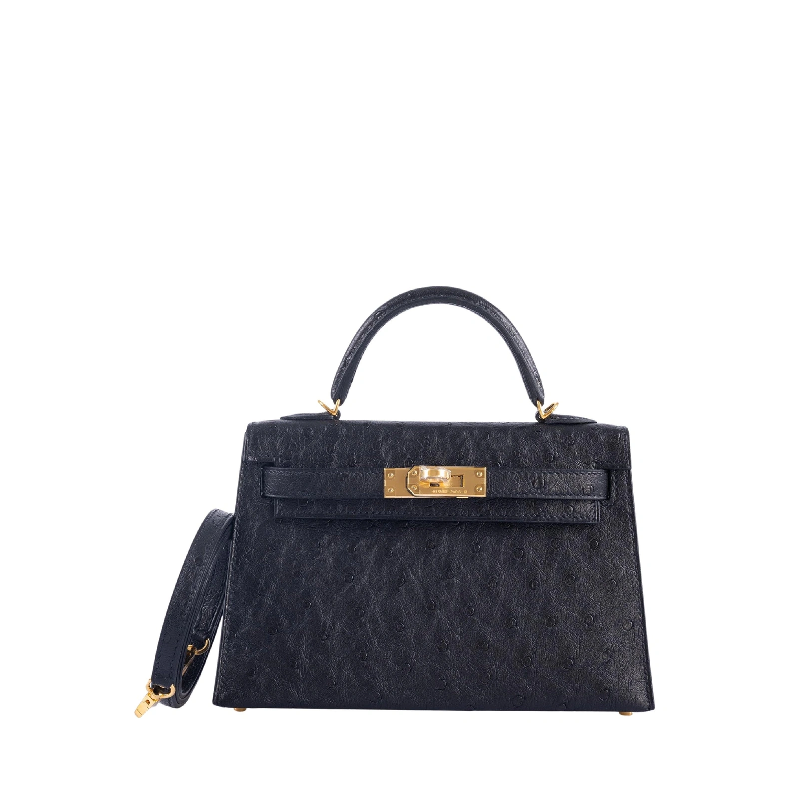 Kelly 20 Mini Black Ostrich Gold Hardware
