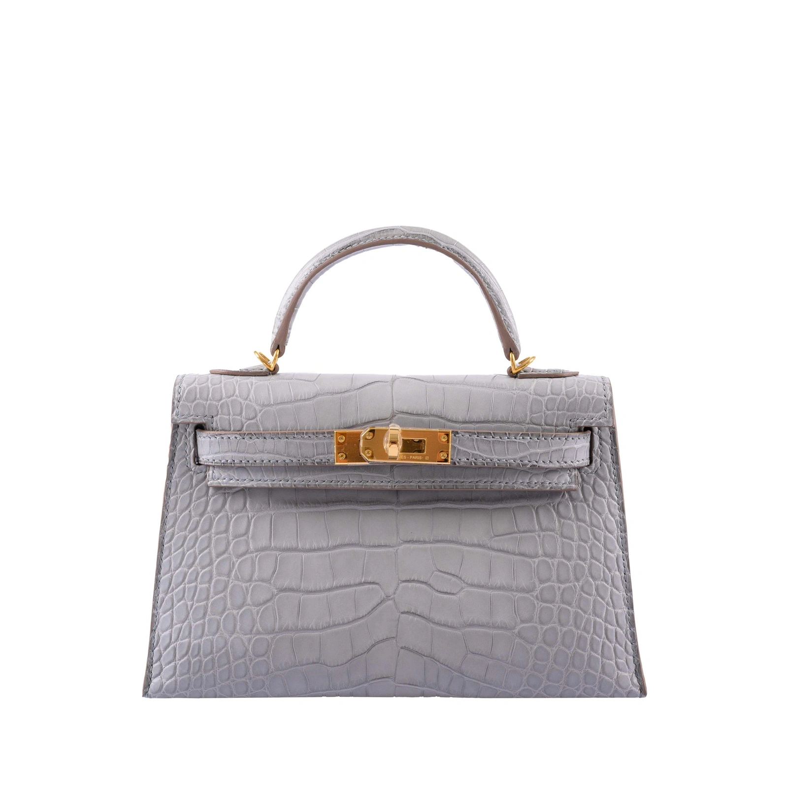 Kelly 20 Mini Gris Perle Matte Alligator Gold Hardware