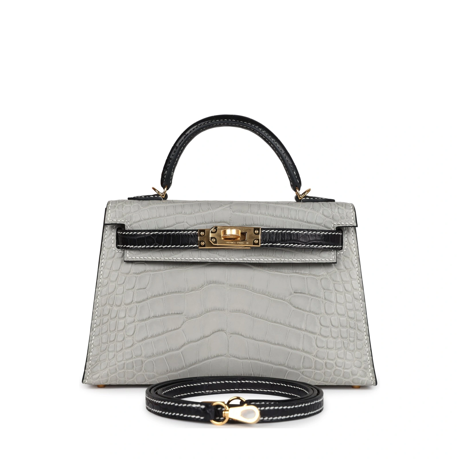 Kelly 20 Mini HSS Gris Perle Black Matte Alligator Gold Hardware