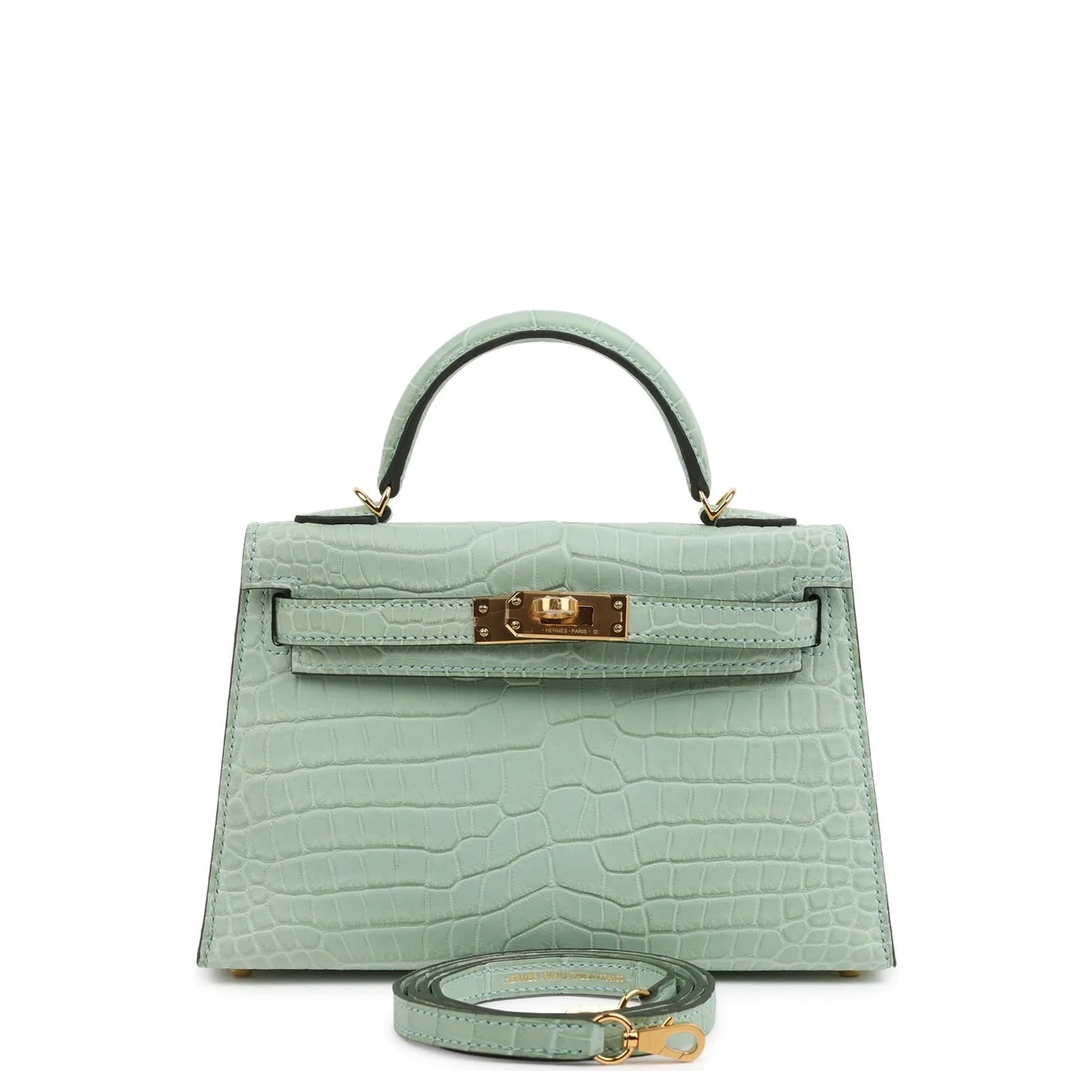 Kelly 20 Vert D'Eau Porosus Crocodile Sellier Matte Gold Hardware