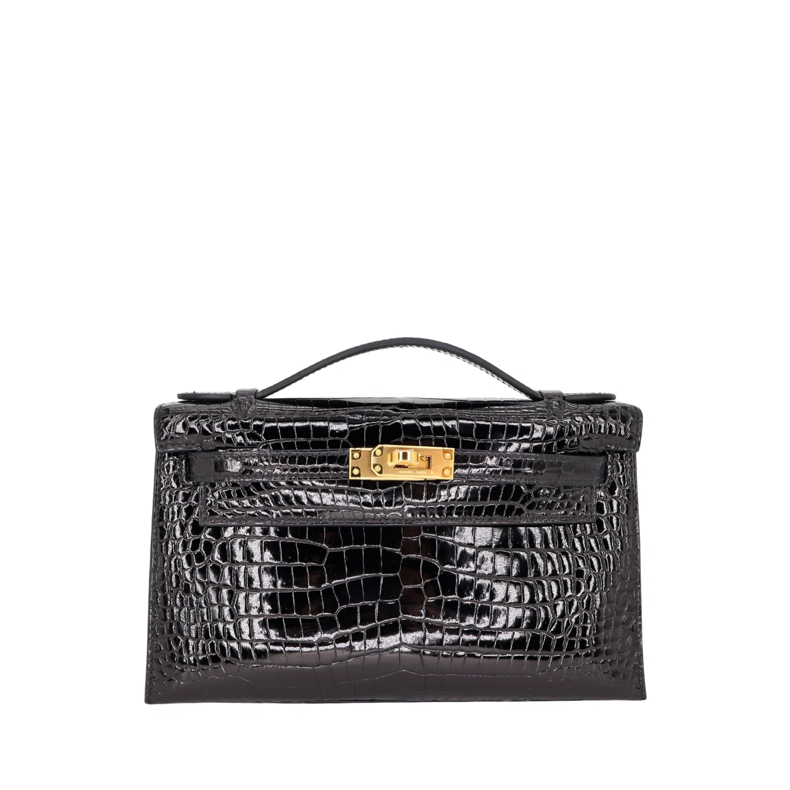 Kelly Black Shiny Porosus Crocodile Gold Hardware